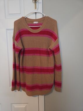 SO Striped Crewneck Sweater in Camel with Pink & Red Bands